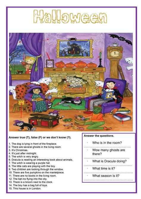 Here's a fun picture description exercise for Halloween. The students have to look at the picture and read the statements. They have to write true (T), false (F) or we don't know (?). Esl Halloween Activities, Esl Halloween Worksheets, Halloween Esl Activities, Halloween English Worksheets, Halloween English Activities, Halloween Esl, Halloween Worksheets For Kids, Halloween Worksheet, Spooky Pictures