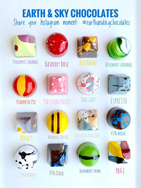 Flavors — earth & sky chocolates Mold Chocolate Ideas, Chocolate Bonbons Filling, Bonbon Chocolate Design, Chocolate Bar Decorations, Bonbon Flavors, Bonbon Recipe, Chocolate Bonbons Packaging, Bonbon Chocolate, Chocolate Bon Bon