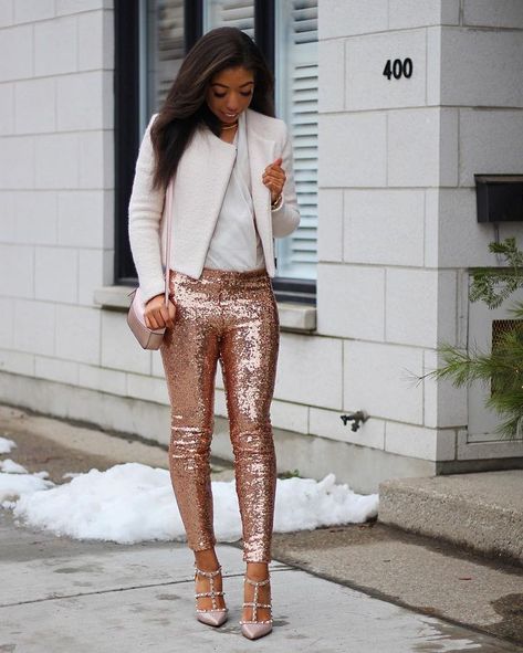 winter outfit inspiration- fall outfit inspiration - street style - street chic style - casual outfits - holiday outfit ideas - how to wear glitter pants - sequin pants outfit - rose gold glitter pants - rose gold pants - rose gold sequin pants - valentino rockstud - amynicolaox - date night outfit Gold Sequin Leggings Outfit, Sequins Leggings Outfit, Sequins Pants Outfit, Gold Sequin Pants, Holiday Party Outfit Casual, Light Pink Blazers, Winter Party Outfit, Gold Leggings, Sequin Leggings