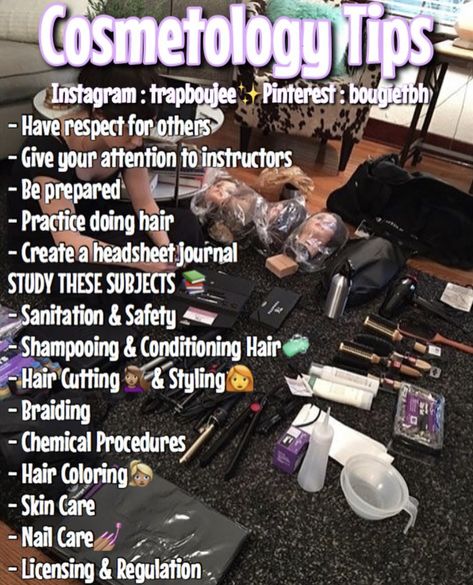 Cosmetology Tips Student, Must Haves For Cosmetology School, Cosmetology Student Hairstyles, First Day Of Cosmetology School, Cosmetology Tips And Tricks, Things You Need For Cosmetology School, She Shed Ideas For Small Business, Hair School Cosmetology Tips, Cosmetology School Essentials