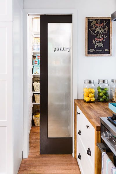 Pantry pocket doors Pantry Pocket Door Ideas, Pocket Pantry Door, Door Hacks, Pocket Door Pantry, Pantry Larder, Frosted Glass Pantry Door, Glass Pocket Door, Laundry Storage Ideas, Sliding Pantry Doors