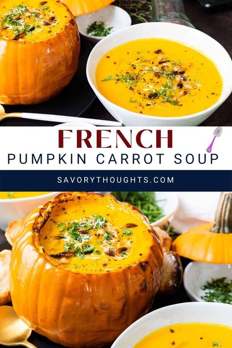 This French Pumpkin Carrot Soup is like a big hug in a bowl. The perfect blend of sweet and savory, it warms, nourishes and delights. #frenchpumpkinsoup #pumpkincarrotsoup #soupjoumou #savorythoughts @Msavorythoughts Pumpkin Carrot Soup, Soup Joumou, Pumpkin Bisque, Carrot Soup Recipes, French Soup, Fall Evening, Haitian Food Recipes, Soul Food Dinner, Carrot Soup