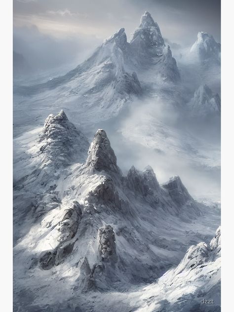 "Fantasy Landscape - Winter Mountain" Sticker for Sale by dzzt | Redbubble Frozen Mountains Fantasy Art, Snowy Mountains Fantasy Art, Fantasy Mountain Aesthetic, Fantasy Snowy Landscape, Fantasy Winter Aesthetic, Fantasy Winter City, Fantasy Mountain City, Fantasy Mountain Range, Fantasy Snow Landscape