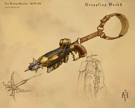 Concept art, wallpaper, official screenshots, and other promotional art for Van Helsing. Van Helsing Crossbow, Van Helsing 2004, Grappling Hook, Power Art, Van Helsing, Magic Items, Promotional Image, Cool Swords, Fantasy Images