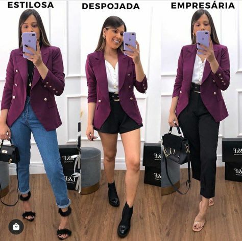 How To Style A Purple Blazer, Blazer Morado Outfits, Maroon Blazer Women, Maroon Blazer Outfit, Blazer Outfits For Women Work, Purple Jacket Outfit, Purple Blazer Outfit, Outfit Formal Mujer, Jeans Blazer Outfit