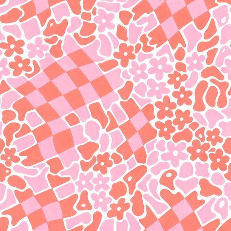 An abstracted floral and checkered pattern, hand painted in designer's gouache. Abstract Checkered Pattern, Abstract Floral Print Pattern, Funky Checkered Pattern, Checkered Pattern Aesthetic, Ashley Aesthetic, Canva Background, Decora Style, Checkered Pattern Design, Modern Floral Pattern