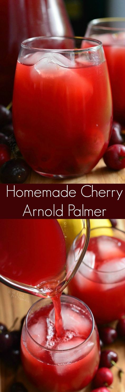 Homemade Cherry Arnold Palmer. This refreshing drink is a homemade Arnold Palmer, which is a mixture of iced tea and lemonade, that is flavored with fresh cherry compote. Homemade Arnold Palmer, Arnold Palmer Drink, Iced Tea Recipes Homemade, Homemade Iced Tea, Cherry Drink, Alcoholic Punch Recipes, Lemonade Drink, Cherry Tea, Cherry Compote