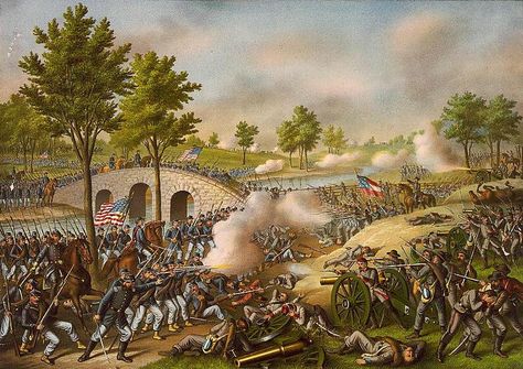 "Battle of Antietam," lithograph by Kurz and Allison, 1888, showing the fighting around Burnside Bridge (Library of Congress) Battle Of Antietam, Emancipation Proclamation, In Memoriam, Most Haunted, Us History, Military History, The Battle, Battlefield, American History