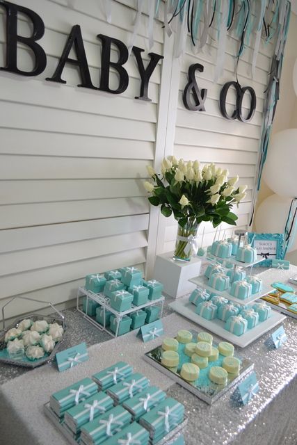 TIFFANY & CO Baby Shower Party Ideas | Photo 1 of 11 | Catch My Party. Cute Shower idea Tiffany Birthday, Tiffany Baby Showers, Tiffany Theme, Baby Table, Tiffany Party, Poker Party, Baby Shower Party Ideas, Bridal Decorations, Shower Party Ideas