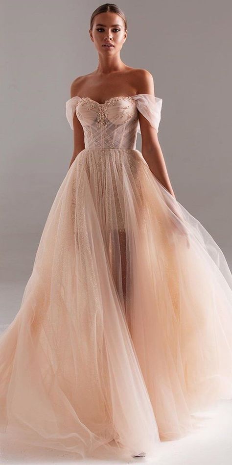 27 Peach & Blush Wedding Dresses You Must See ❤  peach blush wedding dresses a line sweetheart nekline off the shoulder millanova #weddingforward #wedding #bride Peach Blush Wedding Dress, Peach Blush Wedding, Pink Tulle Prom Dress, Peach Wedding Dress, Prom Dresses Off The Shoulder, Tulle Prom Dresses, Dresses Off The Shoulder, Blush Wedding Dress, Wedding Dresses Blush