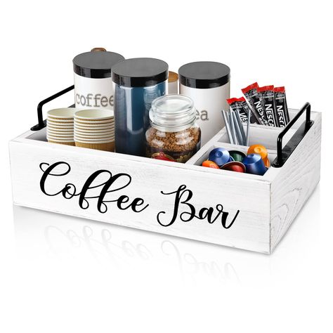 MINCORD Coffee Station Organizer Wooden Coffee Bar Accessories Organizer for Countertop, Farmhouse Kcup Coffee Pod Holder Storage Basket Coffee Bar Organizer - White Coffee Bar For Office, Painted Coffee Bar, Coffee Wine Bar Ideas, Coffee Bar Fall, Coffee Bar Organization, Coffee Bar Corner, Farmhouse Coffee Bar Ideas, Small Open Kitchen, Wooden Coffee Bar