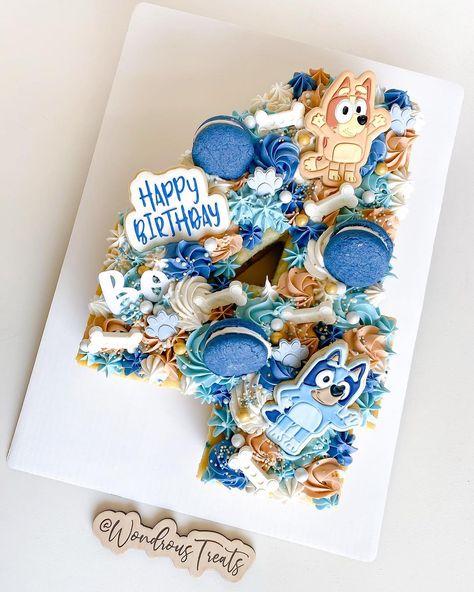 🦴 Our second year making Bo’s cake this year it was a Bluey theme. 🐾 Social watermark: @etched.grace… | Instagram Bluey Cupcake Ideas Birthday, Bluey Theme Strawberries, Number 4 Bluey Cake, Bluey Party Cake, Bluey Birthday Cake 4, Bluey Number Cake, Bluey Cupcake Cakes, Bluey Cookie Cake, Number Cake Bluey