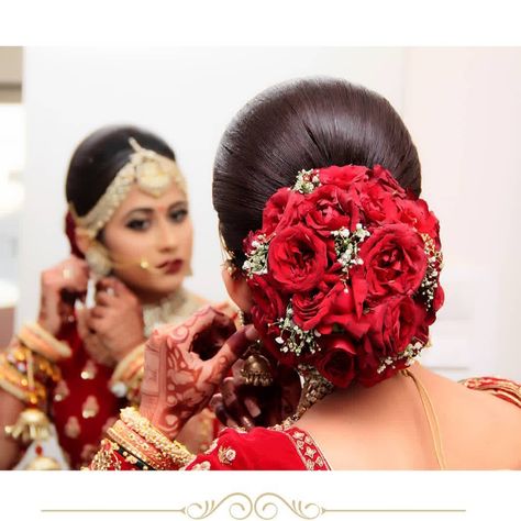 Bridal Juda Hairstyles With Flowers, Wedding Bun Hairstyles Indian, Bridal Bun Hairstyles Indian, Bridal Juda Hairstyles, Jora Hairstyle, Bridal Buns, Floral Bun, Celebration Outfit, Hair Bun Pin