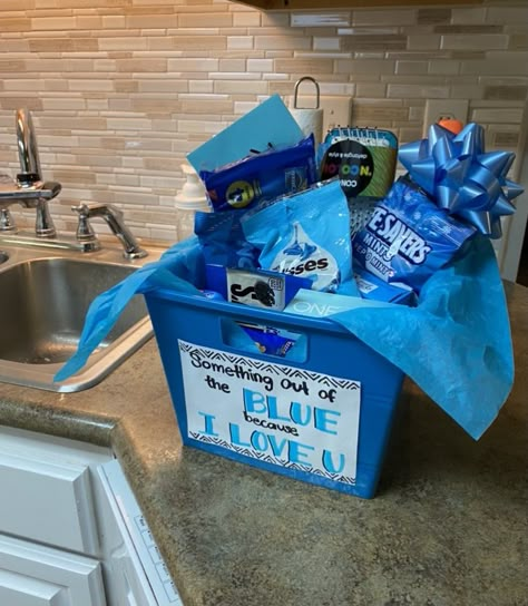 Something Blue Cause I Love You Basket, Something Blue Because I Love You, Something Out Of The Blue Because I Love You, Blue Candy Basket, Something Out Of The Blue Bc I Love You, Out Of The Blue Care Package, Something Out Of The Blue For Boyfriend, Blue Gift Basket Ideas For Him, Blue Birthday Box Gift