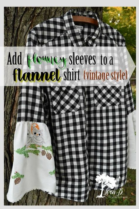 Add a flouncy sleeve to a flannel shirt, using a vintage dresser scarf for uniqueness. Fairly easy upcycle for the DIY sewer. Visual, step-by-step how to. #flannelshirtupcycle #repurpose #thriftstoremakeover #upcycledshirts #flannelshirtprojects #thriftstoreupcycle #vintagelinenideas #vintagelinenupcycles #vintagelinenideas Flannel Projects, Old Flannel, Flouncy Sleeves, Flannel Shirt Refashion, Easy Upcycle, Bleached Flannel Shirt, Upcycled Flannel, Clothing Upcycle, Dresser Scarf