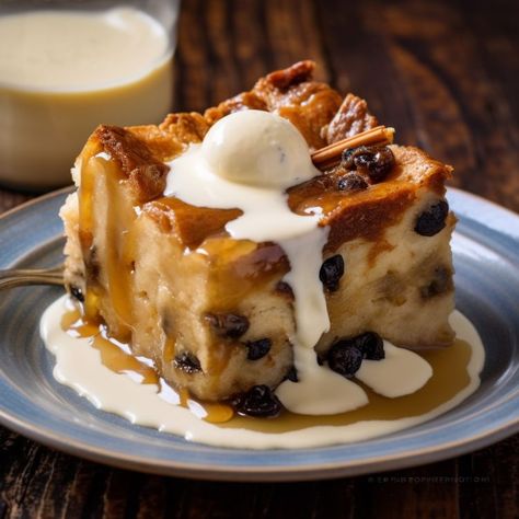 My mom loved this dessert so much, I had to hide the pan from her to keep her from having a third slice! Cinnamon Raisin Bread Pudding, Raisin Bread Pudding, Best Bread Pudding Recipe, Pumpkin Bread Pudding, Cinnamon Raisin Bread, Vanilla Sauce, Raisin Bread, Bread Pudding Recipe, Cinnamon Raisin