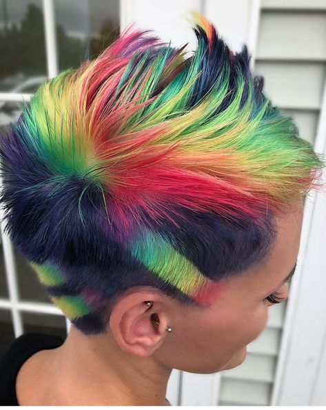 Rainbow Undercut, Rainbow Pixie Hair, Modern Oc, Short Rainbow Hair, Hairstyles Undercut, Beard Color, Wild Hair Color, Vivid Hair, Hair Colour Design