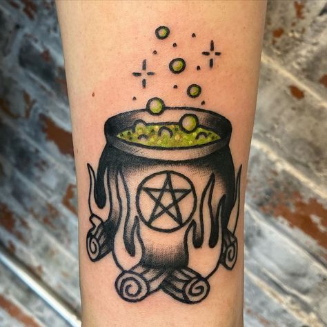 Looking for a little inspiration for your next tattoo? These 50 witch tattoo ideas feature everything from broomsticks and bats to cauldrons and crystals. Couldren Tattoo Design, Traditional Cauldron Tattoo, Witches Cauldron Tattoo, Caldron Tattoos, Witch Cauldron Tattoo, Cauldron Tattoo Ideas, Cauldron Tattoos, Couldren Tattoo, Witch Tattoo Traditional