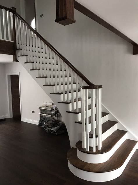 Dark & White Wood Staircase | G & L Staircases White With Dark Wood, Birch Floors, Old House Design, Stair Renovation, Stair Cases, White Staircase, White Stairs, House Staircase, Wood Staircase