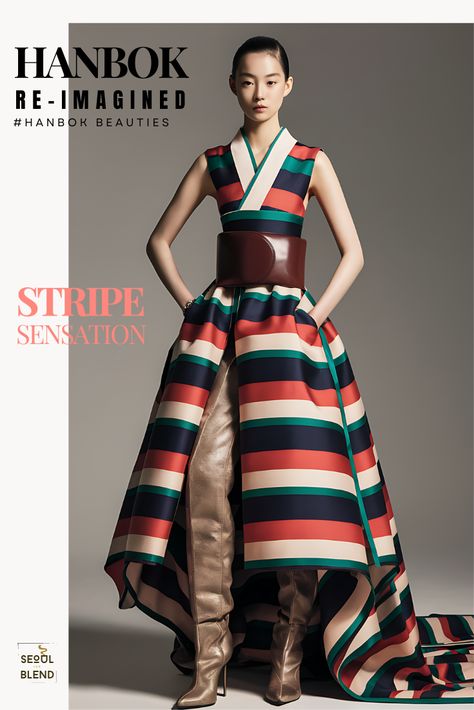 Hanbok Revolution: Stripes & Sophistication Hanbok Inspired Fashion, Modern Hanbok Dress, Oversized Belt, Korean Traditional Clothing, Modern Hanbok, Korean Hanbok, Fashion Forecasting, Korean Clothing, Church Dresses