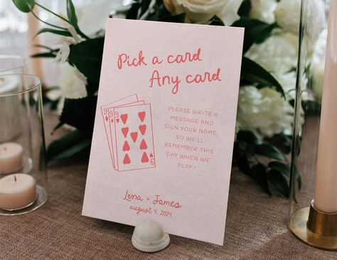 🤍SALES🤍 Buy THREE items and save 15% with code SAVE15 Buy FOUR items and save 25% with code SAVE25 Looking for a creative way to personalize your wedding guest book? With our "Pick a Card" sign template, you can add a fun and unique touch to your special day. This playing cards guestbook sign is perfect for a minimalist wedding looking to stand out. Let your guests sign your guestbook with this editable sign template, featuring hand-drawn illustrations that will make your guest book signing ex Pink Encouraged Wedding Guest, Pick A Card Any Card Guest Book, Deck Of Cards Guest Book, Playing Card Guest Book, This Is Your Sign To, Guest Book Creative, Unique Wedding Activities, Card Guest Book, Alternative Guest Book Ideas