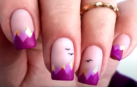 Mountain Theme Nail Art, Mountain Nails Designs Art, Nails For Mountain Vacation, Tornado Nails, New Zealand Nails, Mountain Nail Designs, Montana Nails, Camping Nails Designs, Mountain Nails Designs