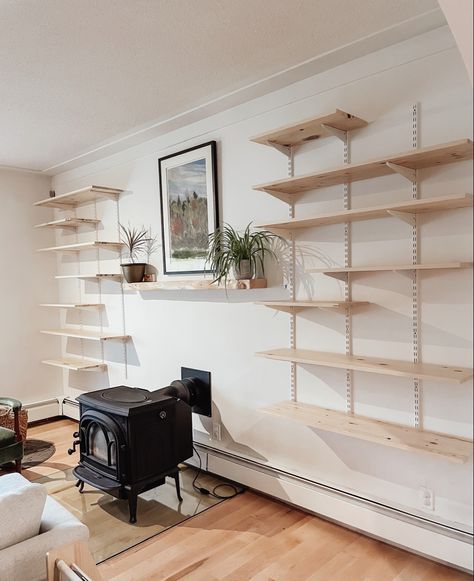 Bracket Shelf Ideas, Diy Wall Rack Shelves, Wall Track Shelving, Wall Mounted Track Shelving, Track Shelf Wall, Track Wall Shelving, Track Shelving Behind Couch, Track Shelves Living Room, Wall Shelves Track