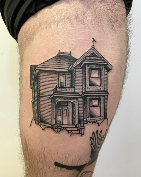 Charmed Tattoo Ideas Tv Show, Outline Of House Tattoo, Tattoos Of Houses, American Traditional House Tattoo, Traditional House Tattoo, House Fire Tattoo, Tattoo Of House, Abandoned House Tattoo, Old House Tattoo