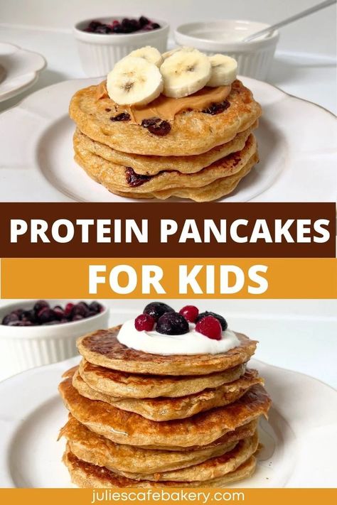 photo of protein pancakes for kids with banana on top, and photo of protein pancakes for kids with greek yogurt and berries on top Protein Pancakes For Kids, Healthy Kids Pancakes, Pancake Recipe For Kids, Pancakes For Kids, Trader Joes Meal Planning, Sugar Free Pancakes, Easy Protein Meals, Kids Pancakes, Kid Friendly Breakfasts