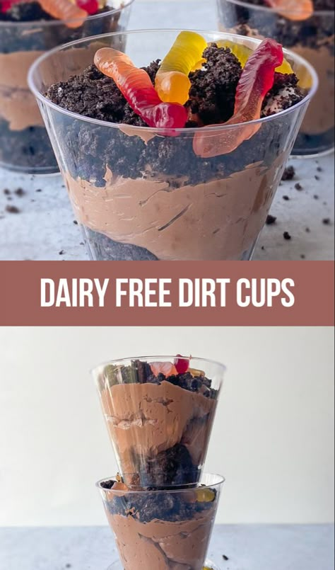 Dairy free dirt cups Pudding Dirt Cups, Pudding Dirt, Dirt Cups Dessert, Dairy Free Halloween, Dairy Free Recipes For Kids, Dairy Free Pudding, Dirt Dessert, Milk Allergy Mom, Dirt Cake Recipes