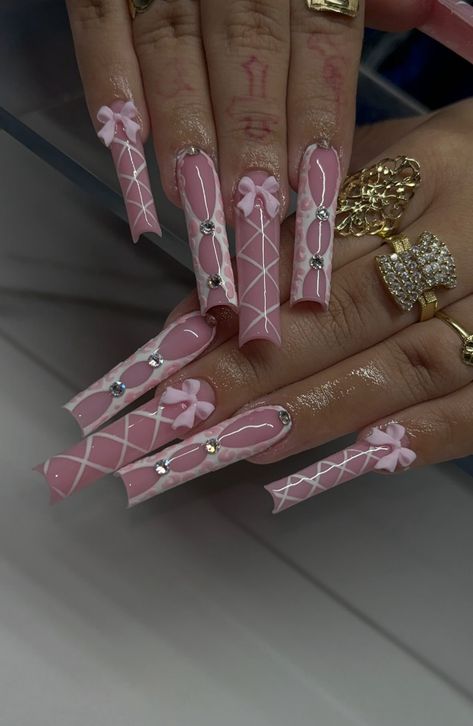 Long Pink Acrylic Nails With Charms, Pink Xl Nails, Pink Nails Extra, Nails With Jewels Rhinestones, Sharp Nails Design, Nails With Charms, Rave Nails, Hot Nail Designs, Sharp Nails