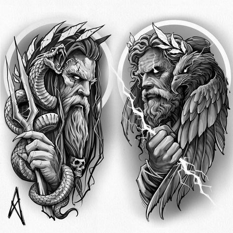 Greek God Tattoo, Ma Tattoo, Poseidon Tattoo, Zeus Tattoo, Medusa Tattoo Design, Full Sleeve Tattoo Design, God Tattoos, Mythology Tattoos, Medusa Tattoo