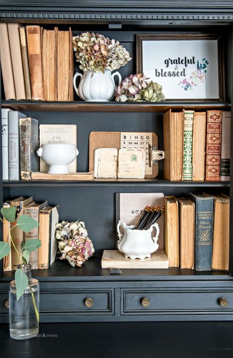 Styled bookshelf with vintage books, ironstone and free fall printable Vintage Style Bookshelf, Styled Bookshelf, Vintage Book Shelf, Dry Hydrangeas, Bookshelf Vintage, Creative Bookcases, Vintage Book Decor, Styling Bookshelves, Decor Bookshelf