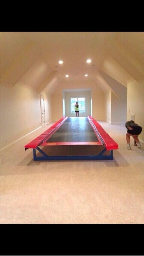 Tumble track in the attic! this or an air track (my number one pref) would be amazing! Trampoline Ideas, Tumble Track, Gymnastics Room, Gymnastics Equipment, Indoor Trampoline, The Attic, Gymnastics Workout, Dream Rooms, Gymnast