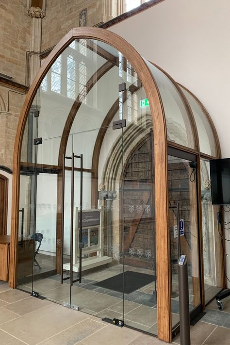 Arch Glass Door, Cathedral Building, Glass Entrance, Church Entrance, Church Lobby, Arch Building, Church Conversions, Unique Night Lights, Building Entrance