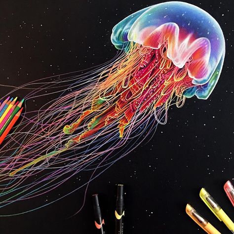 Finished up this glowing jellyfish drawing today before moving onto new stuff! I couldn't stop myself from using every color on this one  lol #prismacolor #drawing Rainbow Jellyfish, Glowing Jellyfish, Aesthetic Jellyfish, Jellyfish Illustration, Colorful Moths, Jellyfish Painting, Jellyfish Drawing, Jellyfish Tattoo, Pencil Drawing Tutorials