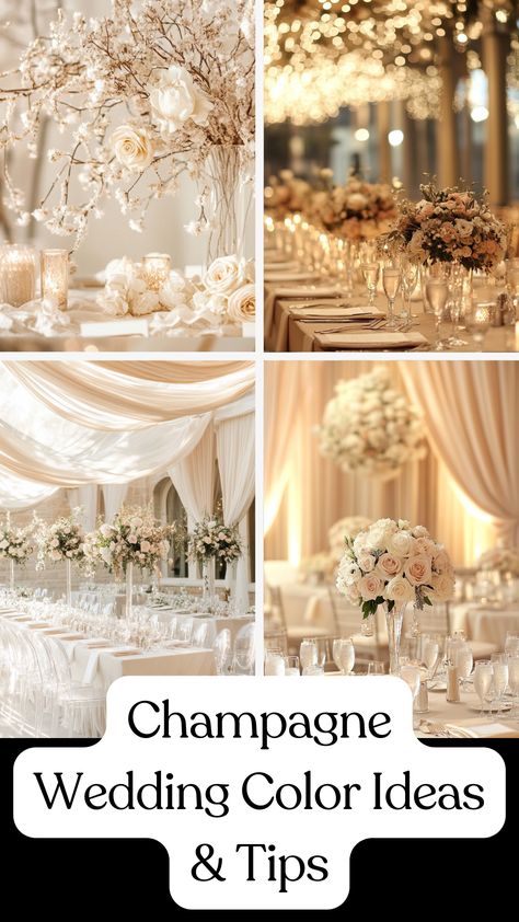 A beautiful wedding setup featuring elegant champagne-colored decors, and table settings, creating a dreamy and sophisticated atmosphere. Ivory And Cream Wedding, Champagne Motif Wedding, Winter Wedding Champagne Color, Wedding Decorations Champagne Color, Wedding Champagne Theme, Wedding Ideas Champagne Color, Champagne Wedding Theme Decor, Champagne And White Wedding Decor, Champagne And Grey Wedding