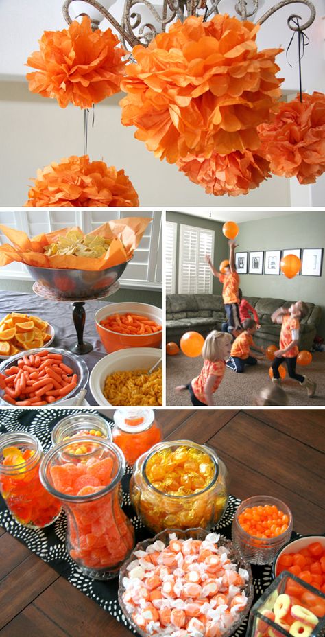 Orange Foods For Party, Orange Candy Buffet, Orange Birthday Parties, Trunk Party, Orange Birthday, Harmony Day, Oranges Gift, Orange Party, Orange Paper