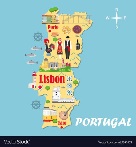 Map Portugal, Landmarks Illustration, Map Of Portugal, Skyline Logo, Portugal Map, Geometric Tile Pattern, Tourism Poster, City Icon, City Vector