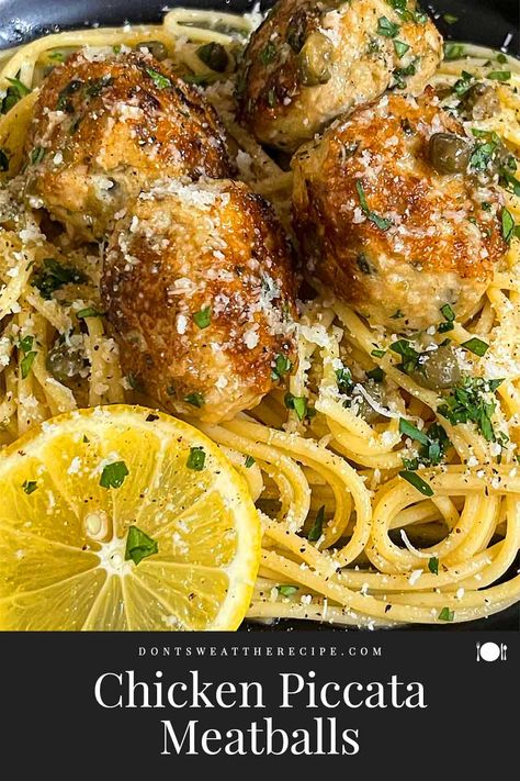 You'll love these savory Chicken Piccata Meatballs with a zesty lemon caper sauce. Perfect for pasta or as a tasty appetizer! Chicken Piccata Meatballs, Chicken Piccata Easy, Lemon Caper Chicken, Chicken Piccata Pasta, Easy Dinner Dishes, Lemon Caper Sauce, Caper Sauce, Tasty Meatballs, Ground Chicken Recipes