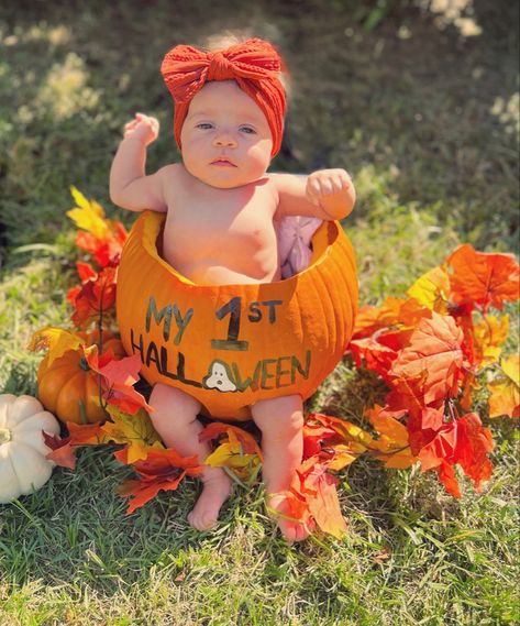 Baby Pictures In Pumpkins, First Halloween Pumpkin Pictures, Baby Girl Pumpkin Painting, Baby Pumkin Shoot, Baby I’m Pumpkin Pictures, Babies First Halloween Pumpkin, Baby Pumkins Ideas, Baby In Pumpkin Ideas, Babies In Pumpkins Photography