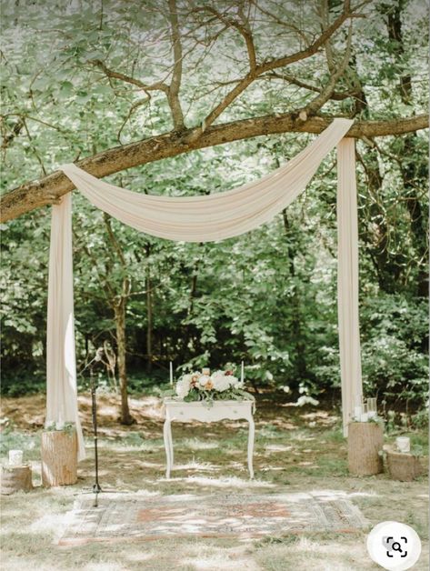 Draped Tree Wedding, Drapes In Trees Wedding, Fabric In Trees For Wedding, Rug For Outdoor Wedding, Wedding Tree Drape, Fabric Tree Wedding, Fabric On Trees Wedding, Tree Wedding Ceremony Decoration, Wedding Ceremony Rug Altars