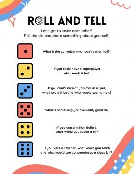 Getting To Know Each Other Activities, Roll The Dice Small Talk, Getting To Know You Dice Game, Talking Activities For Kids, Dice Debrief, Get To Know Each Other Games For Kids, Games To Know Each Other, Get To Know You Dice Game, Get To Know Each Other Games