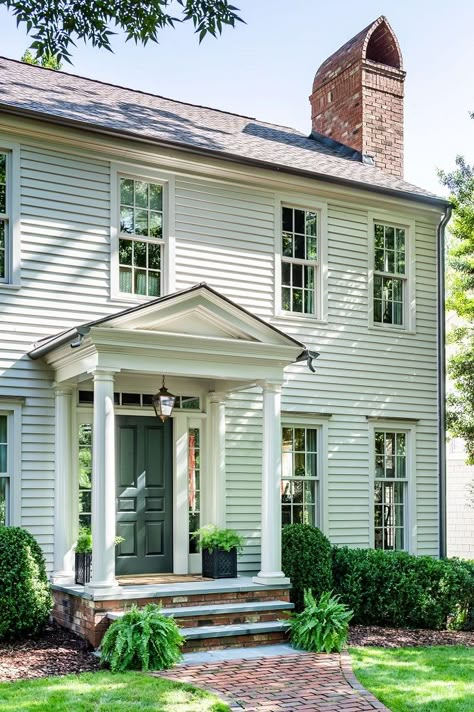 Colonial House Exterior Paint Colors, Colonial House Front Door, Colonial House Front Porch, Colonial Revival House Exterior, Colonial Revival Exterior, Front Porch Portico, Modern Colonial Exterior, Colonial Front Door, Colonial Revival House