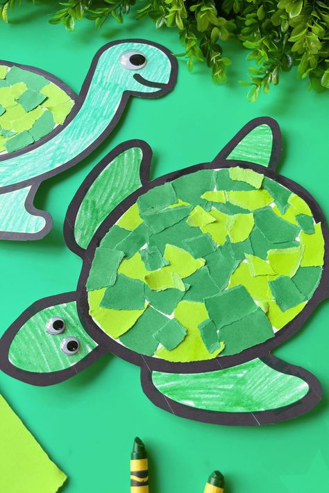 Preschool Pond Activity: Torn Paper Turtles - Friends Art Lab Paper Turtle, Turtle Outline, Turtle Crafts, Pre K Activities, Friends Art, Turtle Art, Preschool Themes, Preschool Theme, Green Paper