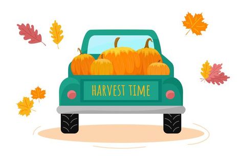 Harvest Truck, Thanksgiving Cartoon, Car Green, Quick Art, Pumpkin Tree, Food Vintage, Blue Harvest, Yellow Tree, Vector Food