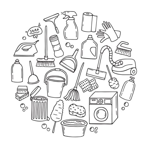 Set of Cleaning service doodle. Sketch of cleaning equipments, sponge, bucket, mop, vacuum, broom. Hand drawn vector illustration isolated on white background. Bucket Drawing, Cleaning Drawing, Cleaning Cartoon, Cleaning Icons, Procreate Ipad Art, Brush Drawing, Cleaning Logo, Object Drawing, Hand Drawn Vector Illustrations