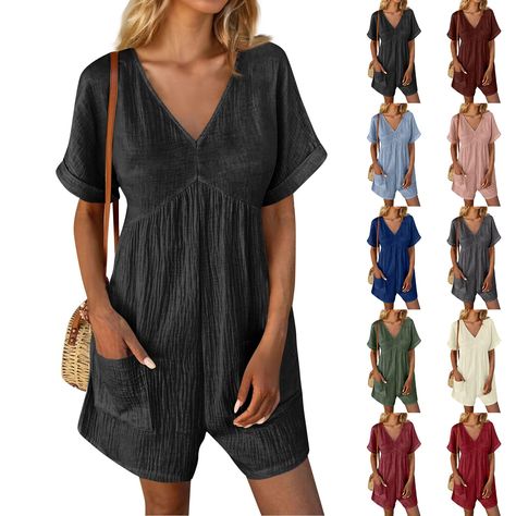 PRICES MAY VARY. 💕💕【Match】: You can freely pair it with sneakers, slippers, sandals or high heels, carrying a casual bag, wearing a hat and other accessories to create a classical and fashion look, very suitable for summer vacations. 🌴🌴【Occasion】: Rompers for women casual great for a variety of activities, such as casual walk, beach, vacation, party, dating, picnic, home, street, jogging, daily life, school, work, shopping, indoor and outdoor activities. ✅✅【Tips】: Please read the size chart Womens Rompers, Summer Rompers, Jumpsuit Wide Leg, Short Sleeve Jumpsuit, Rompers For Women, Short Overalls, Beach Outfits, Overall Shorts, Rompers