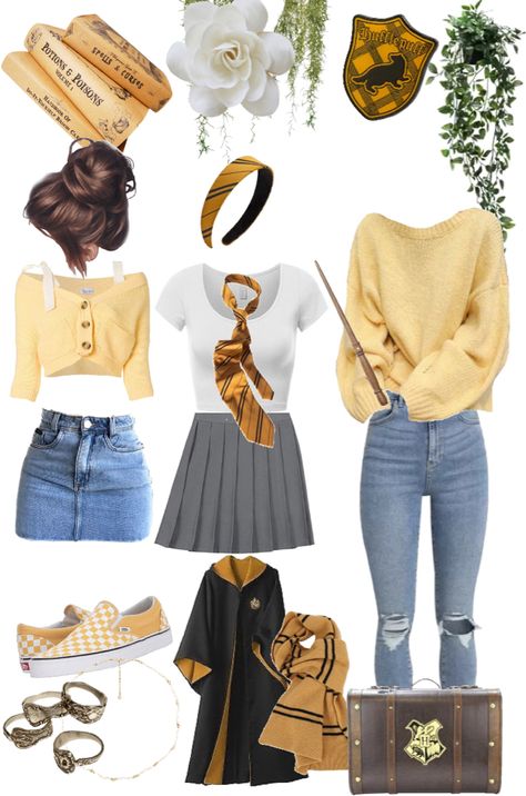 Hufflepuff Style Outfit, Miss Honey Inspired Outfits, Hufflepuff Inspired Outfits Casual, Hufflepuff Bounding, Harry Potter Outfit Ideas Hufflepuff, Cute Hufflepuff Outfits, Harry Potter Outfits Hufflepuff, Hufflepuff Outfit Aesthetic, Hufflepuff Wardrobe