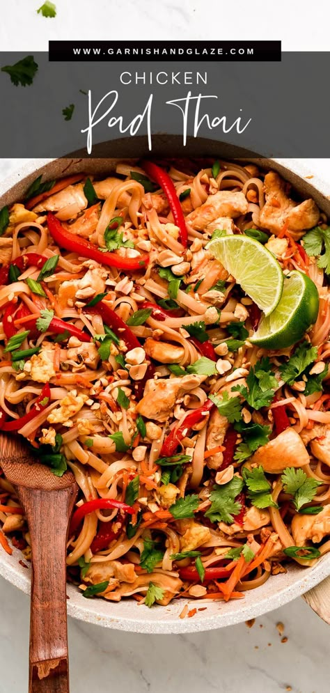 Chicken Pad Thai is a flavorful noodle stir-fry full of vegetables, chicken, rice noodles, eggs, and peanuts in a sweet and savory sauce. Make this popular dish at home in just 30 minutes! #thaifood #stirfry #asianrecipe | GarnishandGlaze.com Spicy Chicken Pad Thai, Thai Stir Fry Sauce, Pork Pad Thai, Chicken Rice Noodles, Thai Chicken Recipes, Thai Peanut Noodles, Chicken Pad Thai, Preserving Foods, Sweet And Spicy Chicken